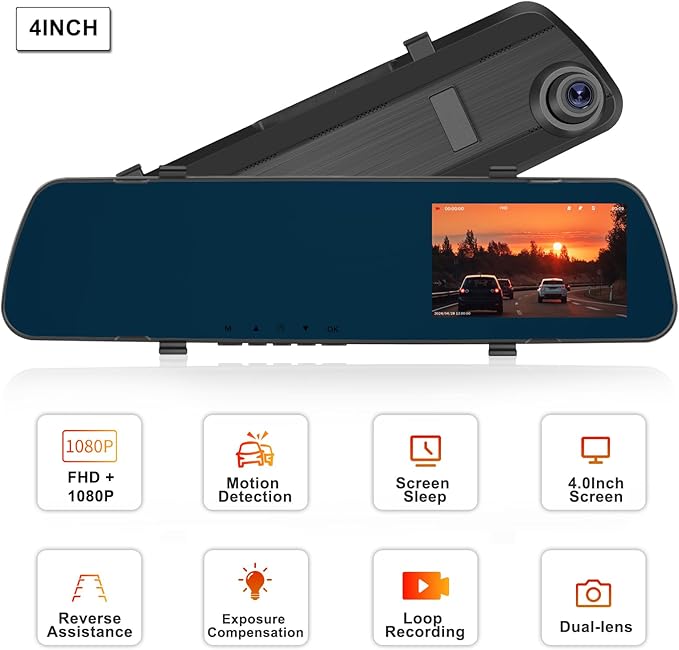 Mirror Dash Cam Front and Rear Dash Car Camera 4 inch 1080P IPS Screen Rear View Mirror Dash Cam Mount with Loop Recording Motion Detection Reverse Assistance
