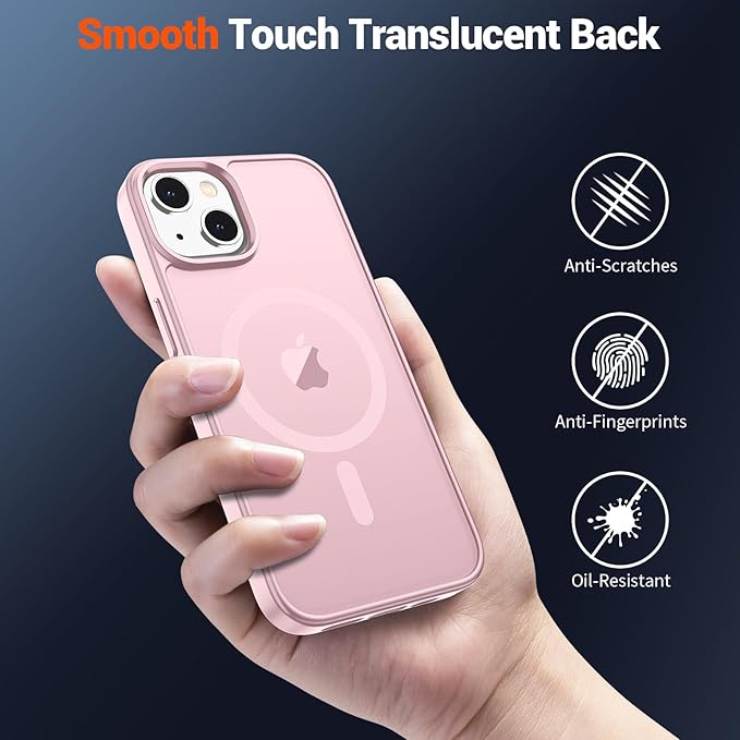 SUPFINE Magnetic for iPhone 14 Case & iPhone 13 Case with Screen Protector (Compatible with MagSafe)(Military Grade Drop Protection) Translucent Matte Shockproof Phone Cover,Light Pink