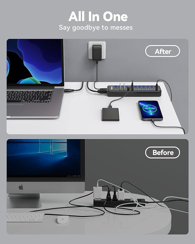 Powered USB Hub, Wenter 11-Port USB Splitter Hub (10 Faster Data Transfer Ports+ 1 Smart Charging Port) with Individual LED On/Off Switches, USB Hub 3.0 Powered with Power Adapter for Mac, PC