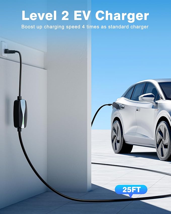 SEGUMA Level 1/2 EV Charger, 16Amp Electric Car Charger 25FT Cable with NEMA 6-20 Plug and NEMA 5-15 Adapter, Home Mobile EV Charging Station for J1772 BEVs/PHEVs 110V-240V(Black)