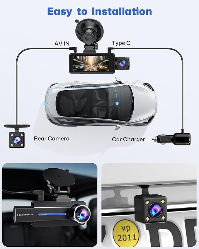 BAEASU Dash Cam Front and Rear 2.5K/1440P, 3 Channel Dash Camera for Cars Dash Cam Front Rear and Inside with 32GB Card, 3.16" IPS Screen, G-Sensor, Loop Recording, Night Vision, Parking Mode