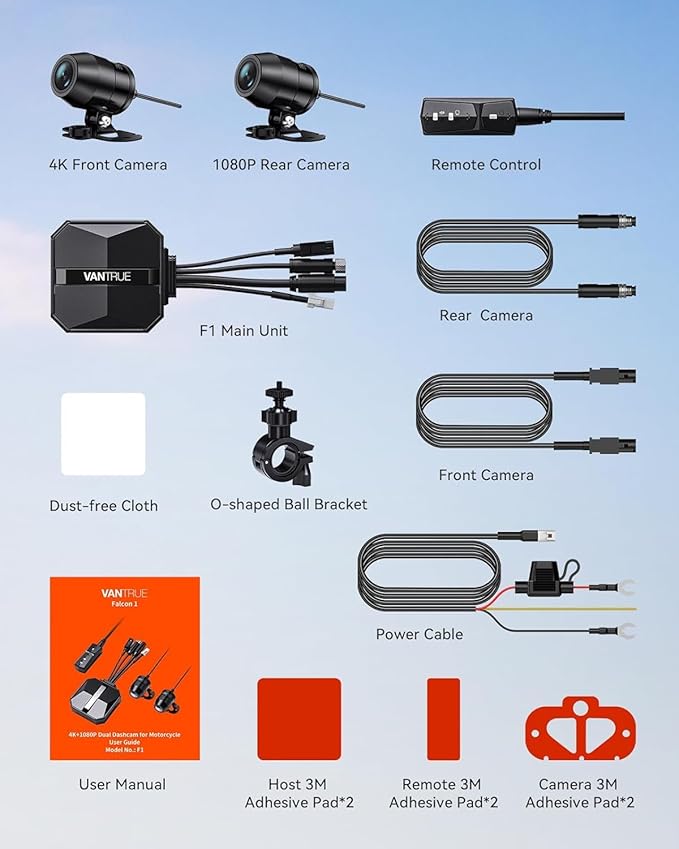 Vantrue F1 Motorcycle 4K Dash Cam Front and Rear, 4K + 1080P Motorcycle Camera, Full Body IP67 Waterproof, GPS Wi-Fi, 160° Wide Angle, Wired Remote, Night Vision, G-Sensor (Renewed)