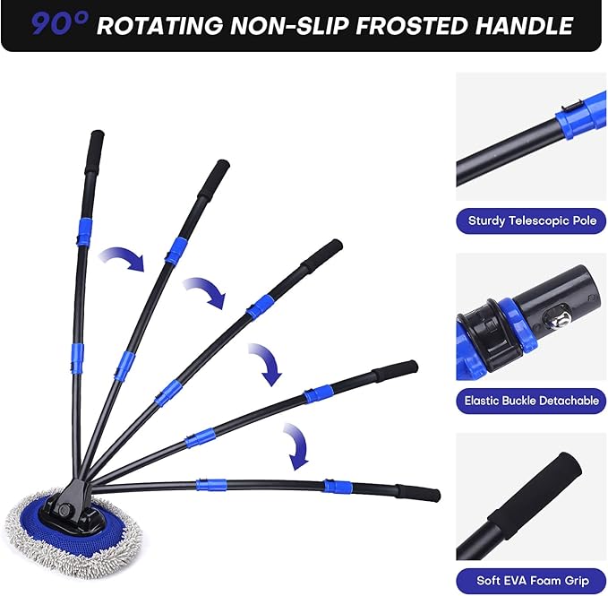 Ultimate Car Wash Brush with Long Handle | 15-Degree Curved Pole Design | Microfiber Brush Head | Adjustable Length | Wide Applications for Car, RV, Truck, Pickup | Car Wash Kit (Blue)