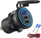 12V USB Outlet Wire USB Charger Multi Port, Dual PD3.0 USB-C and Quick Charge3.0 Car Port Socket with Power Switch, Fast Charge for Phone lPad Android Phones, Suitable for Car Boat RV Marine ATV