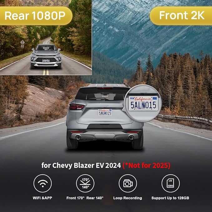 Fitcamx Front 2K+Rear 1080P Dash Cam for 2024 Chevy Blazer EV LT RS (HD2-D1300) with Auto-Dimming, OEM Style, Dual HD Video, Built-in WiFi & APP, Loop Recording, G-Sensor, Easy to Use, 64GB Card