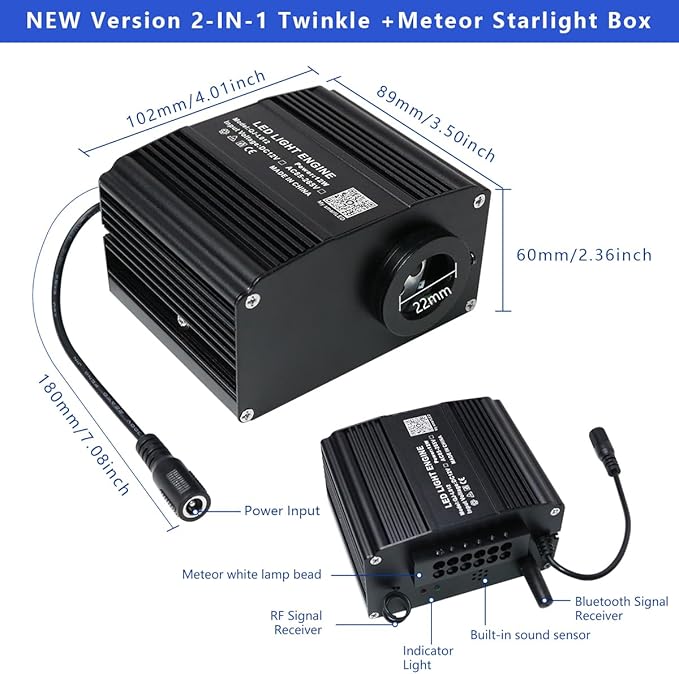 AZIMOM 2-in-1 Twinkle 12W Fiber Optic Starlight Box with Pure White Meteor, Sound Activated APP/Remote RGBW Light Source Driver Pure White Shooting Star for Car Home Star Lighting Decor