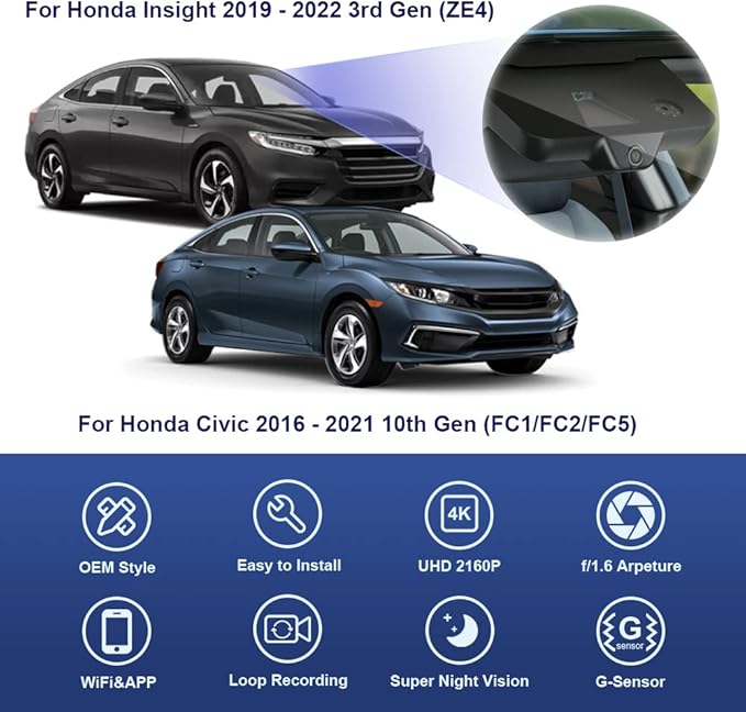 Fitcamx 4K Dash Cam Suitable for Honda Civic 2016-2021 & Insight 2019-2022 (HD2-0211) has 6 Vents, Integrated OEM Look, UHD 2160P Video, Built-in WiFi & APP, Loop Recording, G-Sensor, 64GB Card