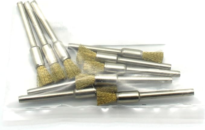 TMAX 10 pc Brass Bristle 1/4 Inch Pen Wire Brush with 1/8 Inch Shank for Dremel and Other Rotary Tools on Rust Removal, Corrosion and Scrub Surfaces