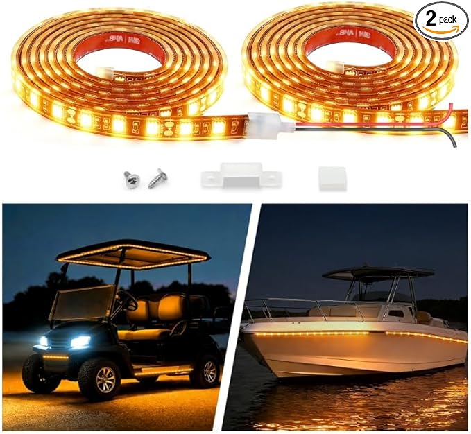 12V Marine Boat LED Light Strip Super Bright, 2 Pack 4FT IP68 Fully Waterproof RV Front Cap Lights, Golf Cart Underglow Roof Lights Strip for Truck ATV UTV SUV Car Pickup Trailer, Cuttable, Amber