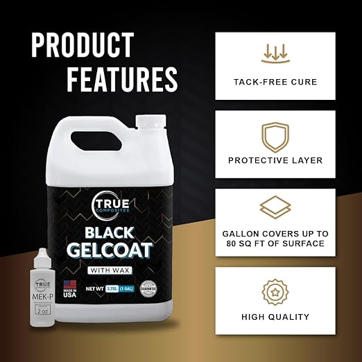 Black Gelcoat with Wax & MEKP Hardener – High-Gloss Marine Repair Kit for Boats, Pools & Fiberglass Surfaces – UV Resistant, Waterproof, Durable Finish (1 Gallon + 2oz Catalyst)