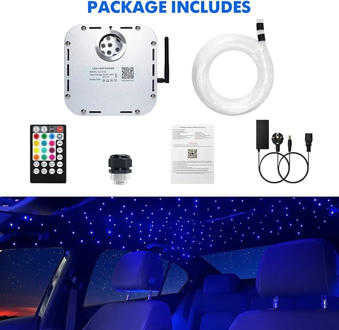 AMKI High Brightness 32W Twinkle 1000pcs Fiber Optic Starlight Headliner Kit 0.03in 13.1ft Fiber Strands RGBW Sound Activated APP Remote Control for Car Home Roof Ceiling Decoration