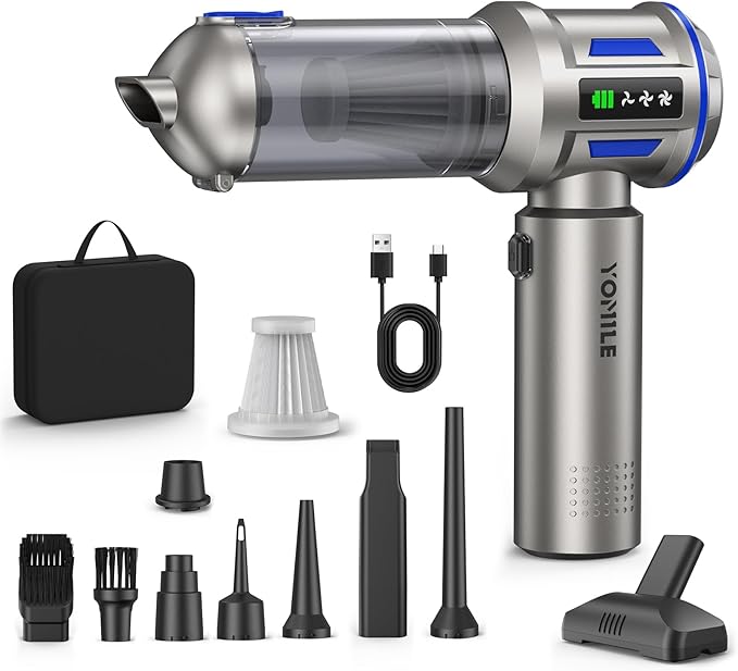 Yomile Mini Vacuum Cleaner, 2 in 1 27000PA Brushless Car Vacuum Air Duster 9000mAh Battery Air Blower Wireless Handheld Vacuum for Car,Office and Home (Blue)