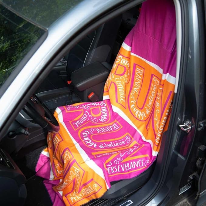 Gone For a Run Car Seat Towel Cover – Hooded Moisture-Wicking Microfiber Seat Protector – 30" x 60" – for Runners and Outdoor Enthusiasts – Run with Inspiration