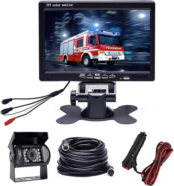 Hikity 7" Backup Camera with Monitor Kit, Waterproof 18 IR LED Night Vision Reverse Camera + Rear View Monitor Vehicle Parking System for RV/Bus/Trailer/Truck (65ft Video Cable+ Cigarette Lighter)