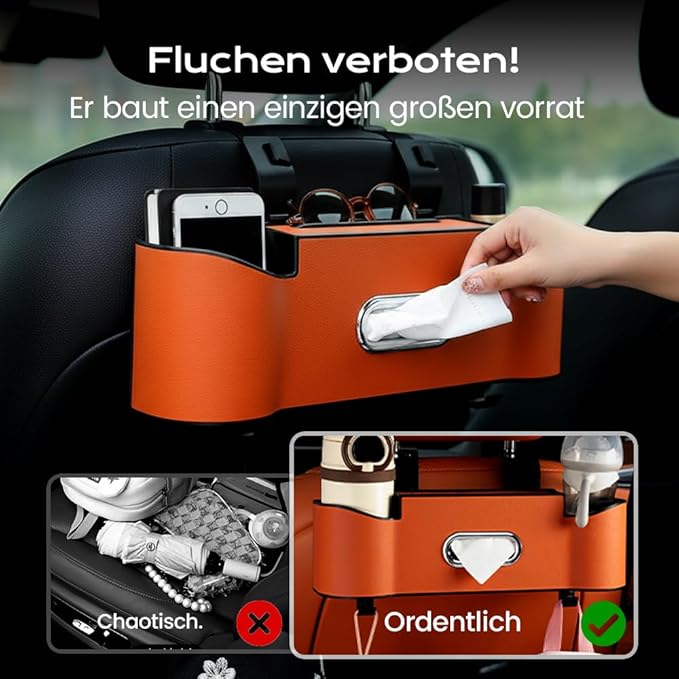 3-in-1 Car Backseat Organizer, 2026 New Multifunctional Back Seat Car Organizer with Cup Holder, Tissue Box, Trash Bin & Hooks for Hold Phones, Snacks, Drinks, Handbags (2, Brown)