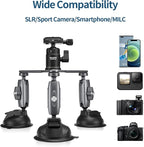 Triple Suction Cup Camera Car Mount Holder, Heavy Duty Tripod Window Windshield Dash Dashboard Inside Outside Sucking Attach Accessories for GoPro Insta360 DJI Action Osmo Pocket DSLR Accessory