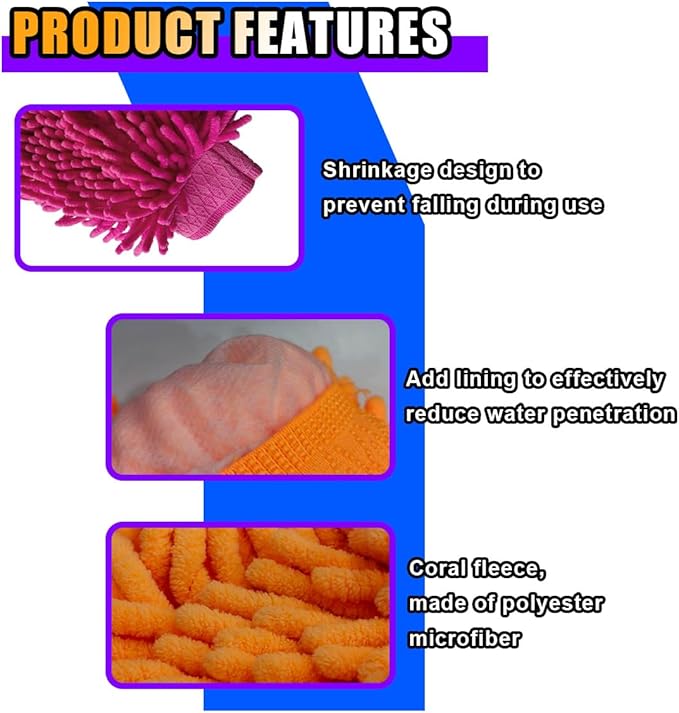 JOYCOURT 2PCS Microfiber Soft Chenille Car Wash Mitts, Scratch and Lint Free Car Dusting Glove, Double Sided Wash Mitt, Ultra Absorbent for Car Washing, Home Cleaning Mitt (Orange&Pink)