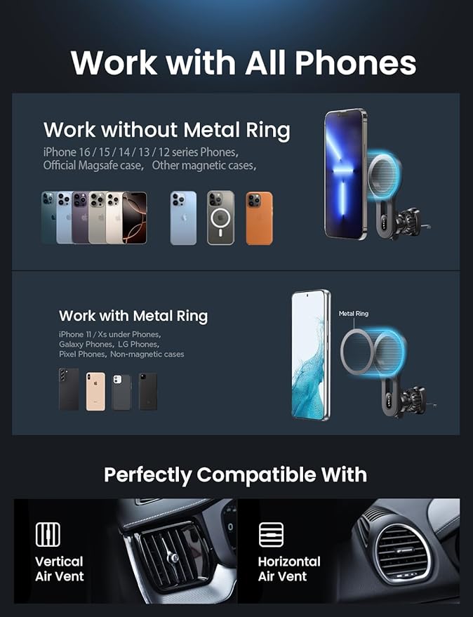 LISEN for iPhone 16 MagSafe Car Mount, [Quick Install] Ultra Magnetic Long Arm Mag Safe Car Phone Holder Vent, Car Accessories Fit for iPhone 16 Pro Max 15 14 13 12 Plus Mini Men Women, Blue