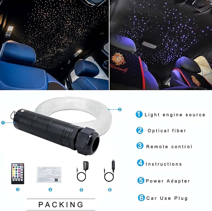 AZIMOM Car Use 6W RGBW 150pcs 0.03in 6.5ft Fiber Optic Lights Starlight Ceiling Light Kit End Glow Optic Cable Music Mode APP Remote Sensory Lighting Indoor Home Headliner Decoration