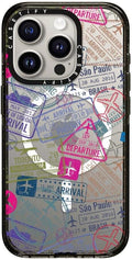 CASETiFY Impact iPhone 15 Pro Case [Slim/Compatible with Magsafe / 8.2 ft. 4X Military Grade Drop Protection] - Travel Stamps - Clear Black