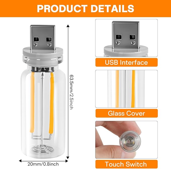 2 PCS USB LED Lights for Car Interior, Touch Dimmable Ambient Lighting, Mini Retro Glass Bottle Night Light Bulb for Vehicle, Bedroom, Camping(Warm White)