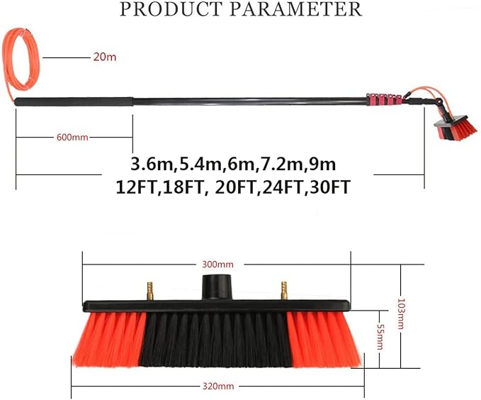 Window Cleaning Brush, Extendable Cleaning Pole, Water Fed Telescopic Brush for Solar Photovoltaic Panel, High Windows and Car Windshield