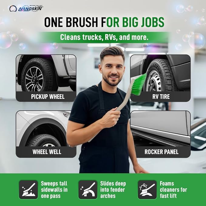 Nanoskin Professional 20-Inch Angled Tire & Wheel Cleaning Brush - Durable Green Polystyrene Bristles for Effective Auto Detailing, Gentle Car Wash Tool | Long-Handled Scrub Brush for Trucks and RVs