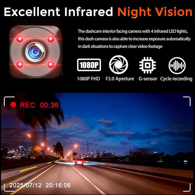 Dash Cam for Cars, 1080P Full HD Dual Dash Cam Front Inside, WiFi, 2" Screen, Night Vision, G-Sensor, Loop Recording, 170° Wide Angle, APP Control (Dual Dashcam)