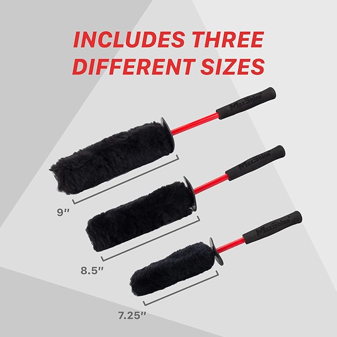 Maxshine Universal Wool Wheel Brush Kit, 3 Pack | Black, 14", 16", 18.2" | Ultra-Soft Wool, Extended Reach Handles, Chemical-Resistant | Scratch-Free Car Wheel Cleaning