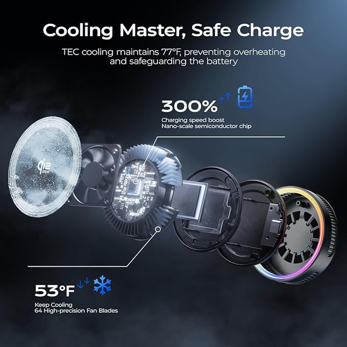 Qi2.2 Magnetic Car Mount Charger【25W Fast Charging+Ice-Cooling】 360° Rotating Fast Wireless Charger Stand with Cooling Fan/LED Light,Vacuum Magnetic Phone Holder Compatible with iPhone 12-17, S26/S25