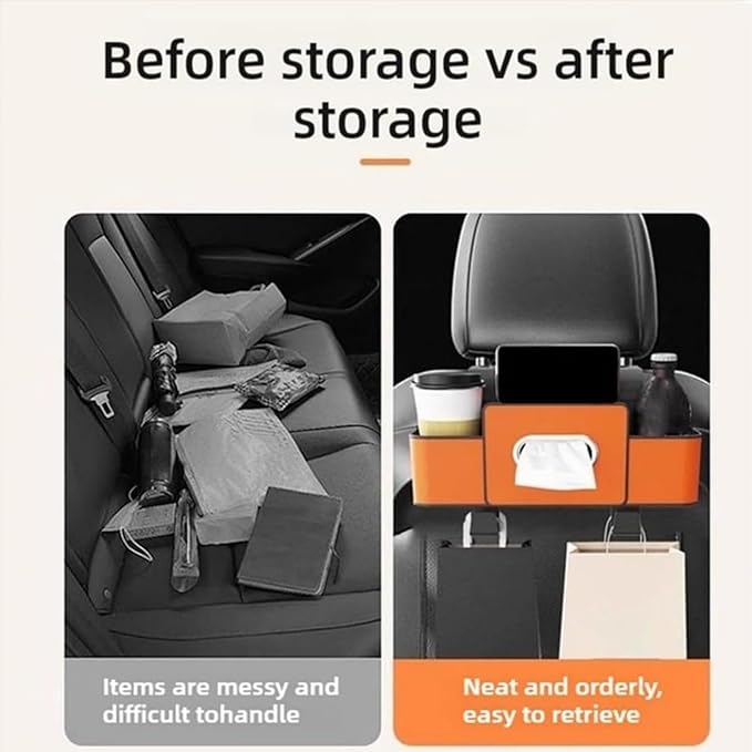 3-in-1 Car Backseat Organizer with Dual Cup Holders, Seat Back Storage Box, Built-in Tissue Holder, Adjustable Universal Design for Neat and Practical Car Interior Storage (Orange)