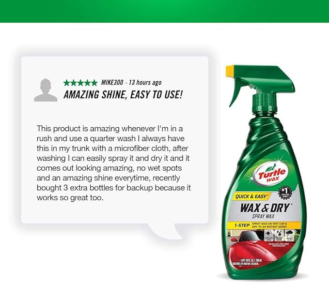 Turtle Wax Quick and Easy Wax and Dry Spray Wax - 1 Step - Carnauba Shine - Prevents Water Spots - Repels Rain