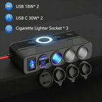 12V Cigarette Lighter Splitter with 10FT/3M Cable, 180W Car Charger Socket Multi 4 USB Port Adapter with LED Display Master and Independent Switch, 12 Volt Power Outlet Plug with Eyelet Terminal