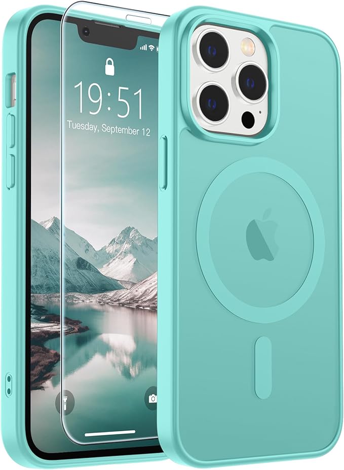 SUPFINE Magnetic for iPhone 12 Pro Max Case with Screen Protector (Compatible with MagSafe) (Military Grade Drop Protection) Translucent Matte Shockproof with Anti-Fingerprint Phone Case,Blue Green