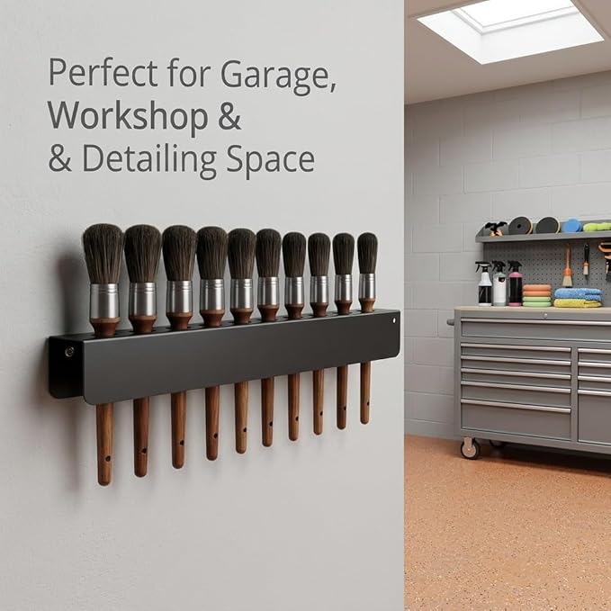 QWORK Car Detailing Brush Holder 10 Hole, 2 Pack Wall Mount Organizer Rack with Screws Heavy Duty Metal Brush Storage for Garage Workshop Auto Detailing Tools Accessories