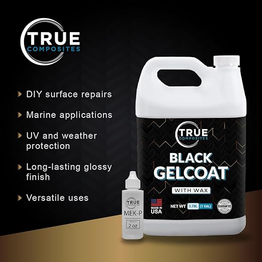 Black Gelcoat with Wax & MEKP Hardener – High-Gloss Marine Repair Kit for Boats, Pools & Fiberglass Surfaces – UV Resistant, Waterproof, Durable Finish (1 Gallon + 2oz Catalyst)