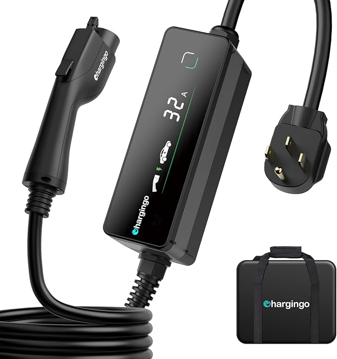Level 2 EV Charger for SAE J1772 E, 32A 240V Portable EV Charger with NEMA 14-50 Plug, 25FT Cable, Adjustable 16A-32A, LCD Display, Plug-and-Play Fast Charging Station for Home/Outdoor