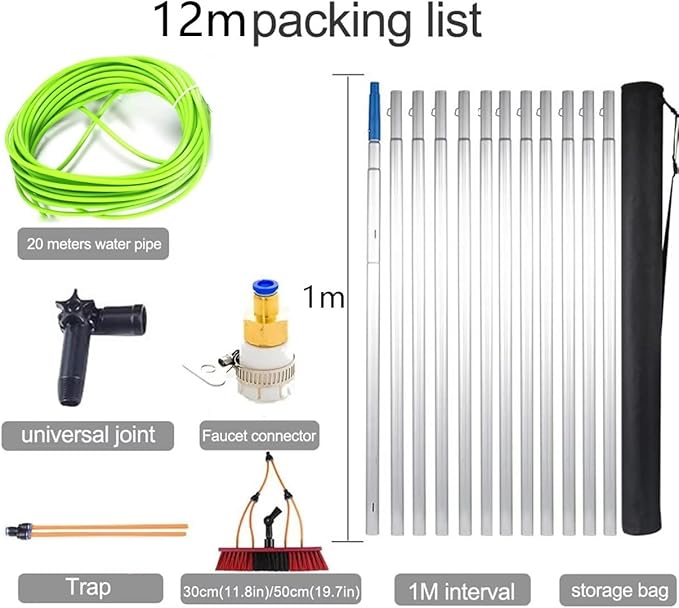 12m Teles Window Cleaning Pole with Water Fed Brush Extendable Cleaner for Conserva Roofs & Photovoltaic Panel Cleaning Ideal for Truc & Hard to Reach