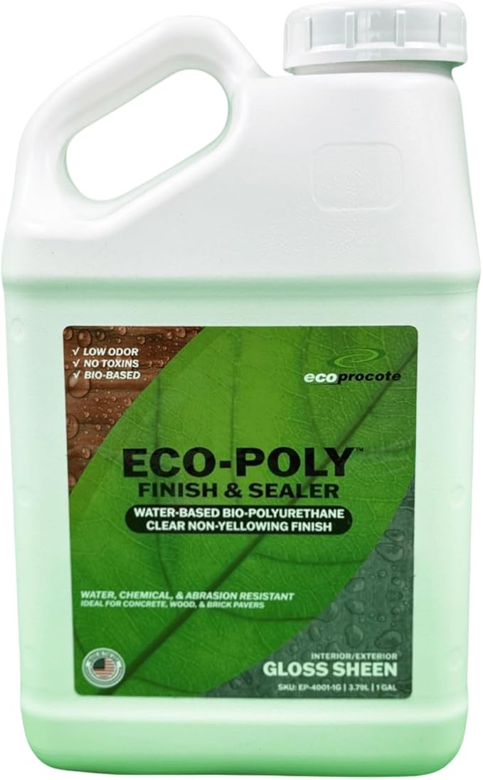 Eco-Poly Polyurethane Sealer — Non-Toxic, Low Odor, Quick-Dry Water Based Protective Spar Varnish for Indoor & Outdoor, Clear Gloss 1 Gallon Polyurethane Sealant for Wood, Concrete, Multiple Surfaces