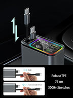 Retractable Car Charger USB C,145W Type C Car Charger Fast Charging with Dual Retractable USB C Cable and USB Ports for iPhone 17/16/15,S25/24/23/22, Pixel 9/8/7(Build-in Dual Type C Cable)