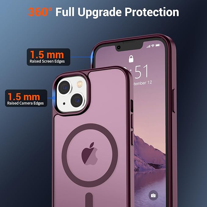 SUPFINE Magnetic for iPhone 14 Case & iPhone 13 Case (Compatible with MagSafe)(Military Grade Drop Protection) Translucent Matte Shockproof Phone Cover,Wine Red
