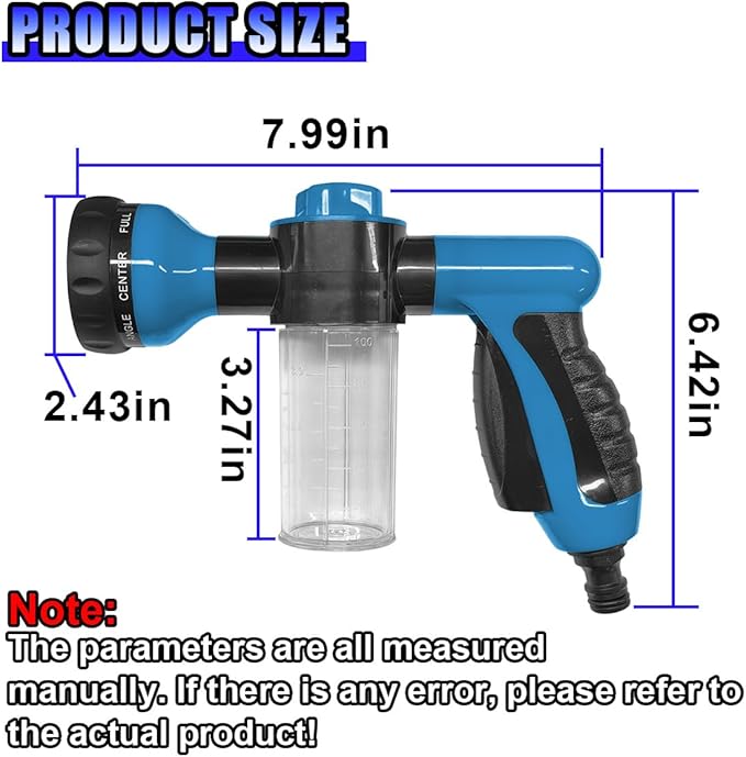 High Pressure Car Wash Foam Gun, 8 Way Spray Pattern Garden Hose Nozzle with 3.5oz/100cc Soap Dispenser, Adjustable Hose Spray Nozzle for Car Washing, Pet Shower, House Cleaning (Blue)