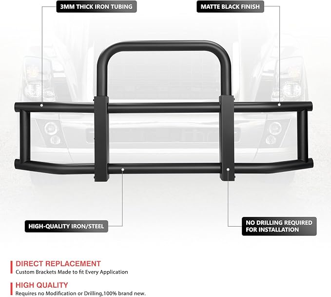 DNA Motoring Front Bumper Brush Bull Bar Deer Guard Compatible with Volvo VNL 04-17/430 15-16/630 15-16/670 15-16, 3mm Thick Iron Tubing, Powdercoated Matte Black, DG-G-002-BK+BKIT-DG-005