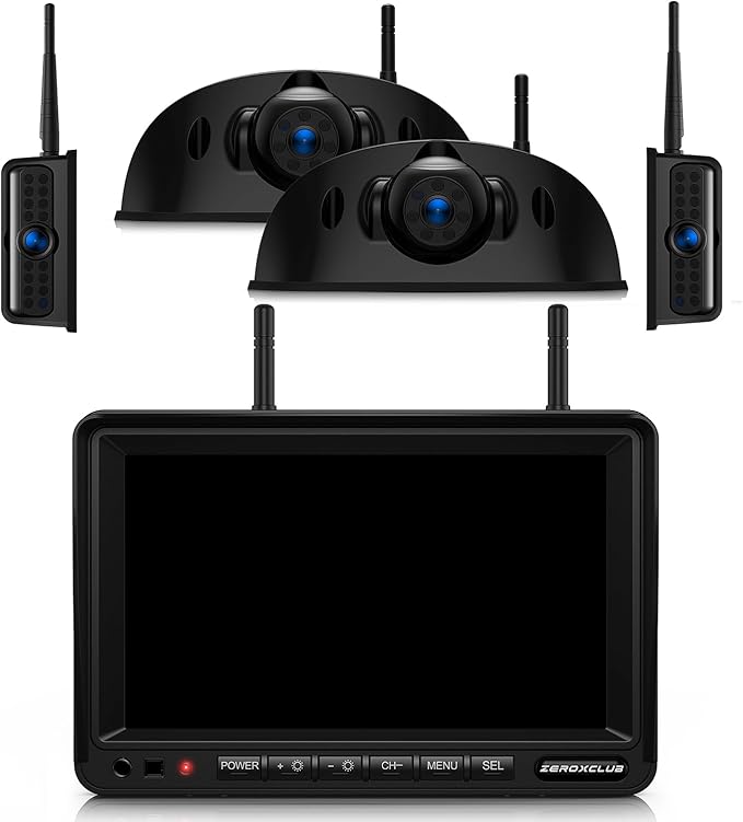 ZEROXCLUB 4 Cameras Wireless RV Backup System with 7-Inch Monitor, 2 Rear Sharkfin 2 Side Cameras, IR Night Vision, IP69k Waterproof Recording, Compatible with Furrion Pre-Wired RV Truck Trailer BW4