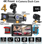 4 Channel 4K Dash Cam Front and Rear Inside, 360° View 1080P Dash Camera for Cars, Super Night Vision, Gravity Sensor, Loop Recording, WDR, 24H Parking Mode, WiFi & APP Control, with 64GB Card