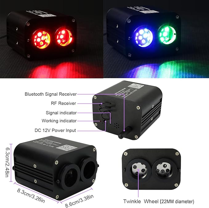 AZIMOM Dual Color 20W Twinkle Fiber Optic Starlight Kits 400pcs*0.03in*9.8ft Fiber Strands End Glow Sound Activated Remote APP Control RGBW Light Source Home Ceiling Car Headliner Décor