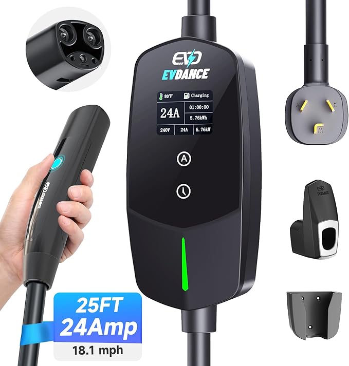 EVDANCE Level 2 EV Charger for Tesla, 24Amp 240V/25FT NEMA 10-30 Plug, 25FT Cable for Model S/3/X/Y, One-Touch Open Connector & Adjustable Current (10-24A) for Home/Garage Use, IP66 Waterproof