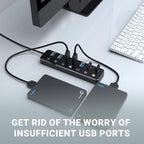 USB 3.0 Hub 7 Port USB Hub with 2ft Long Cable Aluminum USB Hub for Laptop and PC with Individual On/Off Switch and LED Indicator