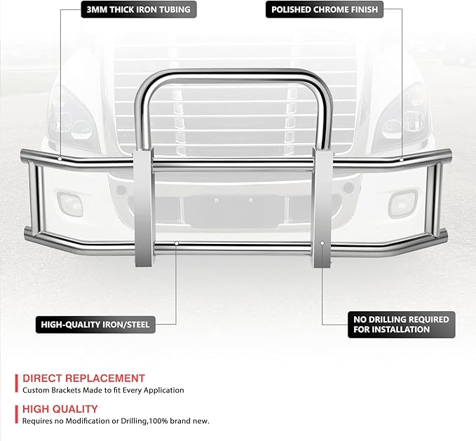 DNA MOTORING Front Bumper Brush Bull Bar Deer Guard Compatible with Freightliner Cascadia 2008-2017, 3mm Thick Iron Tubing, Polished Chrome, DG-G-002-SS+BKIT-DG-004