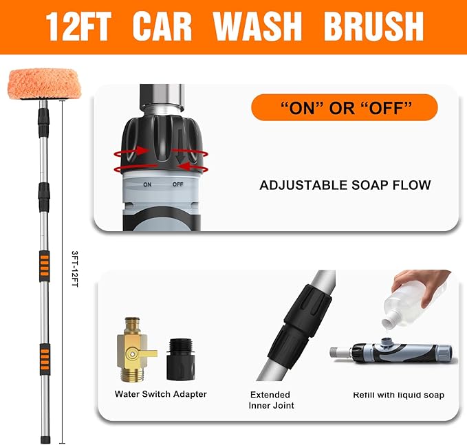 LAANPOLE 12FT Car Wash Brush with Long Handle, Car Cleaning Brush with 12 Inch Soft Bristle and Soap Dispenser, Solar Panels Cleaner with Telescoping Pole for RV, Truck, Boat, House Siding, Orange